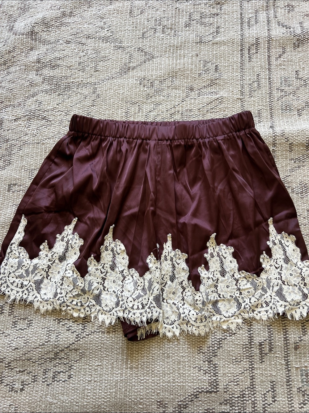 Satin Lace Trim Shorts - Deep Burgundy
